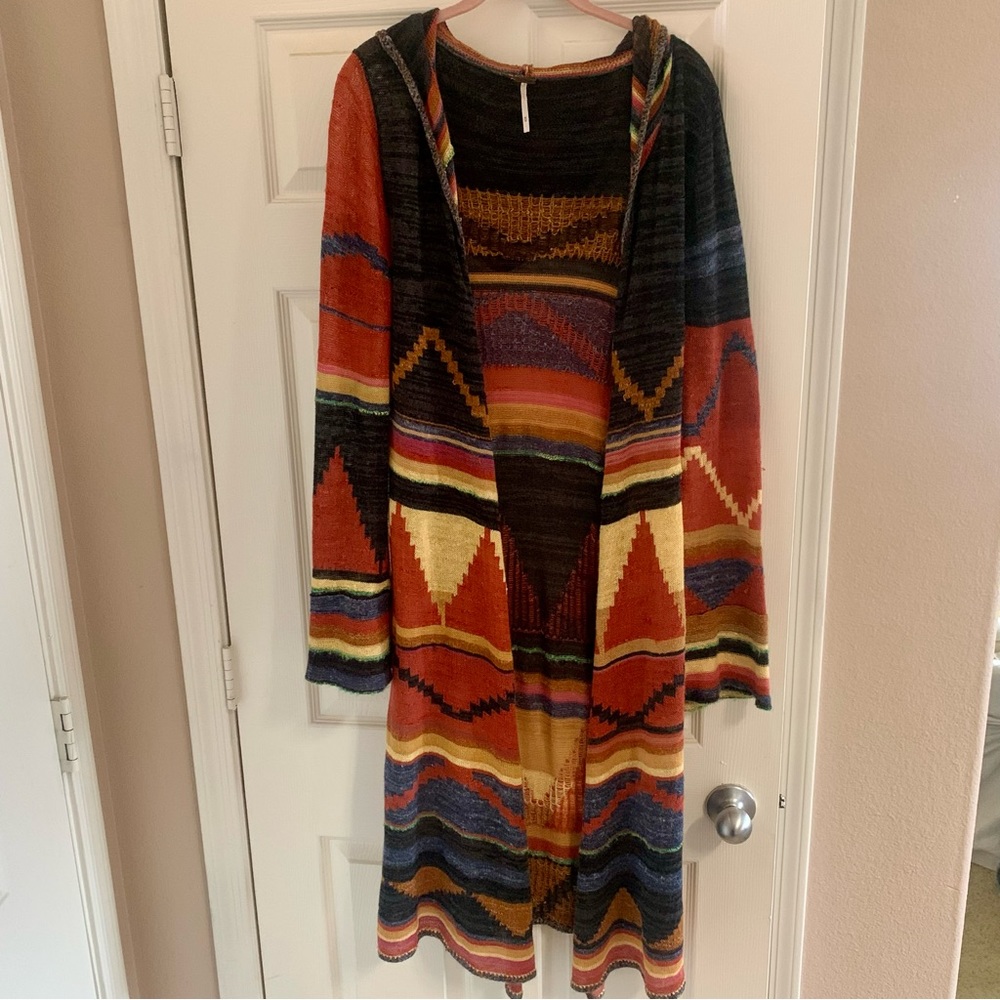 Free People Tribal Print Long Cardigan with hood